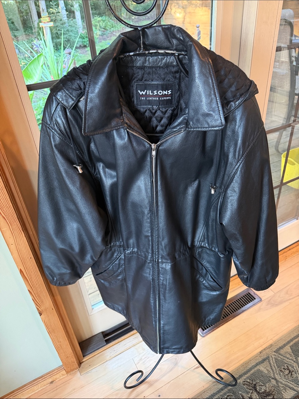 Wilson Vintage 90’s Black Leather Anarok Zip Cinched Waist Sz L Hooded Coat